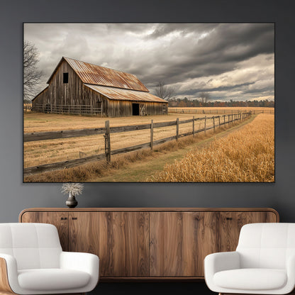 21991117-MGV-CV-36X24-Rustic Barn Wall Art – Weathered Farmhouse Canvas Print, Stormy Sky and Golden Field Photography Decor for Bedroom, Living Room,
