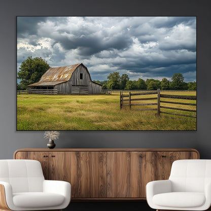39409517-MGV-CV-36X24-Rustic Barn Wall Art – Weathered Farmhouse and Storm Clouds Canvas Print, Country Landscape Photography Decor for Bedroom, Living