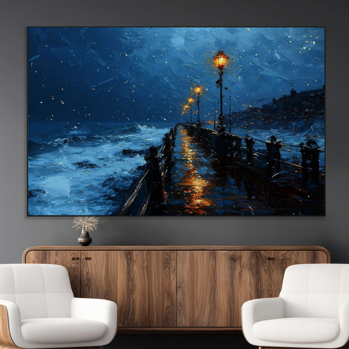 48300530-MGV-CV-36X24-Dark Stormy Pier Canvas Wall Art – Moody Ocean Night Scene with Street Lamps, Blue Coastal Seascape Print for Bedroom, Office, or