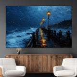 48300530-MGV-CV-36X24-Dark Stormy Pier Canvas Wall Art – Moody Ocean Night Scene with Street Lamps, Blue Coastal Seascape Print for Bedroom, Office, or