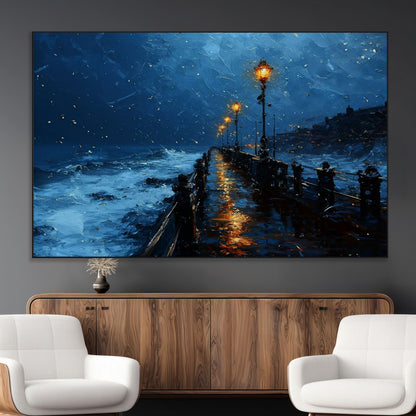 48300530-MGV-CV-36X24-Dark Stormy Pier Canvas Wall Art – Moody Ocean Night Scene with Street Lamps, Blue Coastal Seascape Print for Bedroom, Office, or