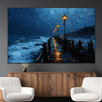 48300530-MGV-CV-36X24-Night Pier Wall Art – Moody Ocean Boardwalk Canvas Print, Impressionist Coastal Seascape Painting Decor for Living Room, Office,