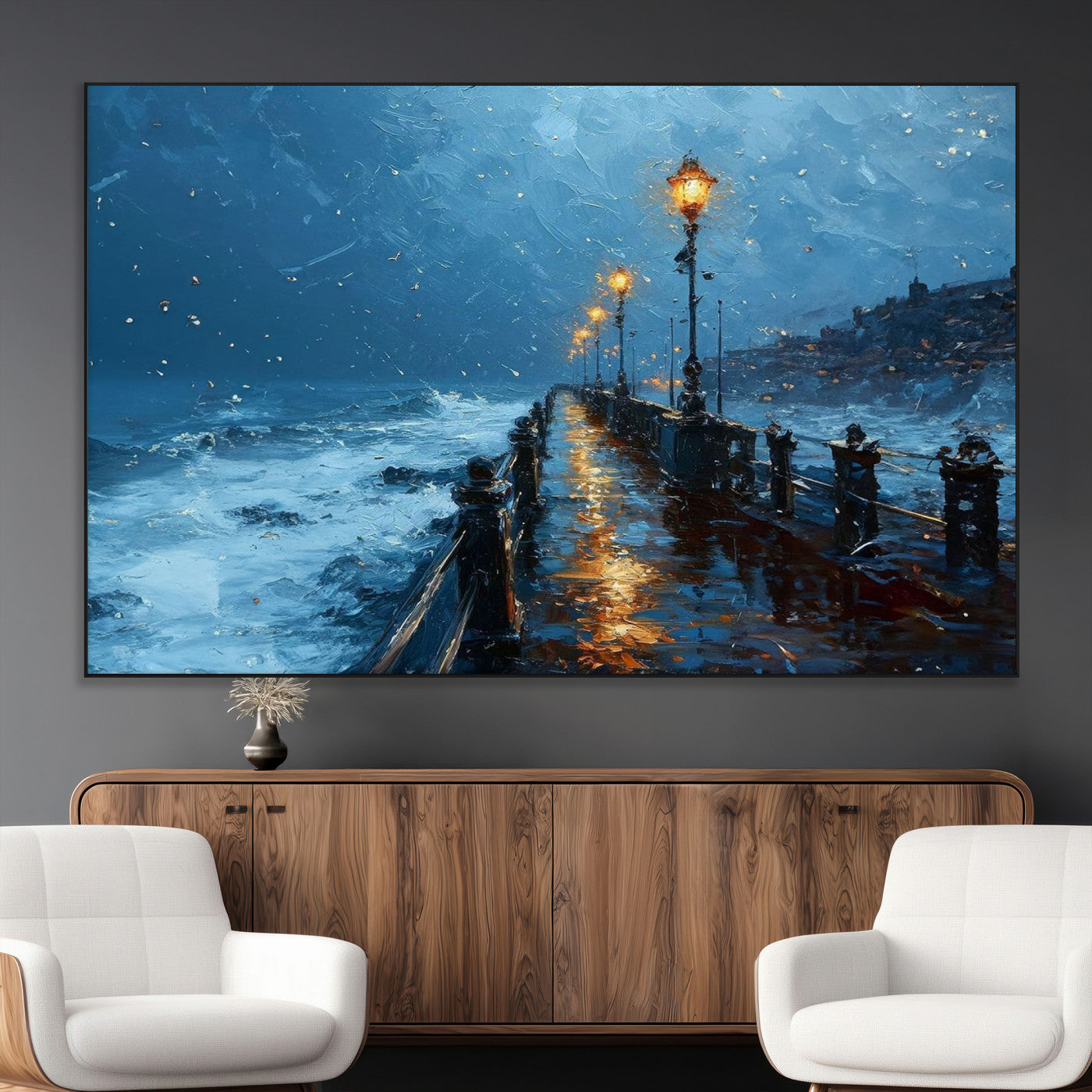 93793246-MGV-CV-36X24-Stormy Night Pier Canvas Wall Art – Moody Ocean Landscape with Lights, Blue Coastal Seascape Print for Bedroom, Living Room,