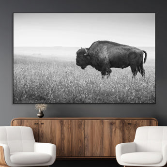 90861202-MGV-CV-36X24-Black and White Bison Canvas Wall Art – Rustic American Buffalo Print, Western Wildlife Photography for Farmhouse, Cabin, Office
