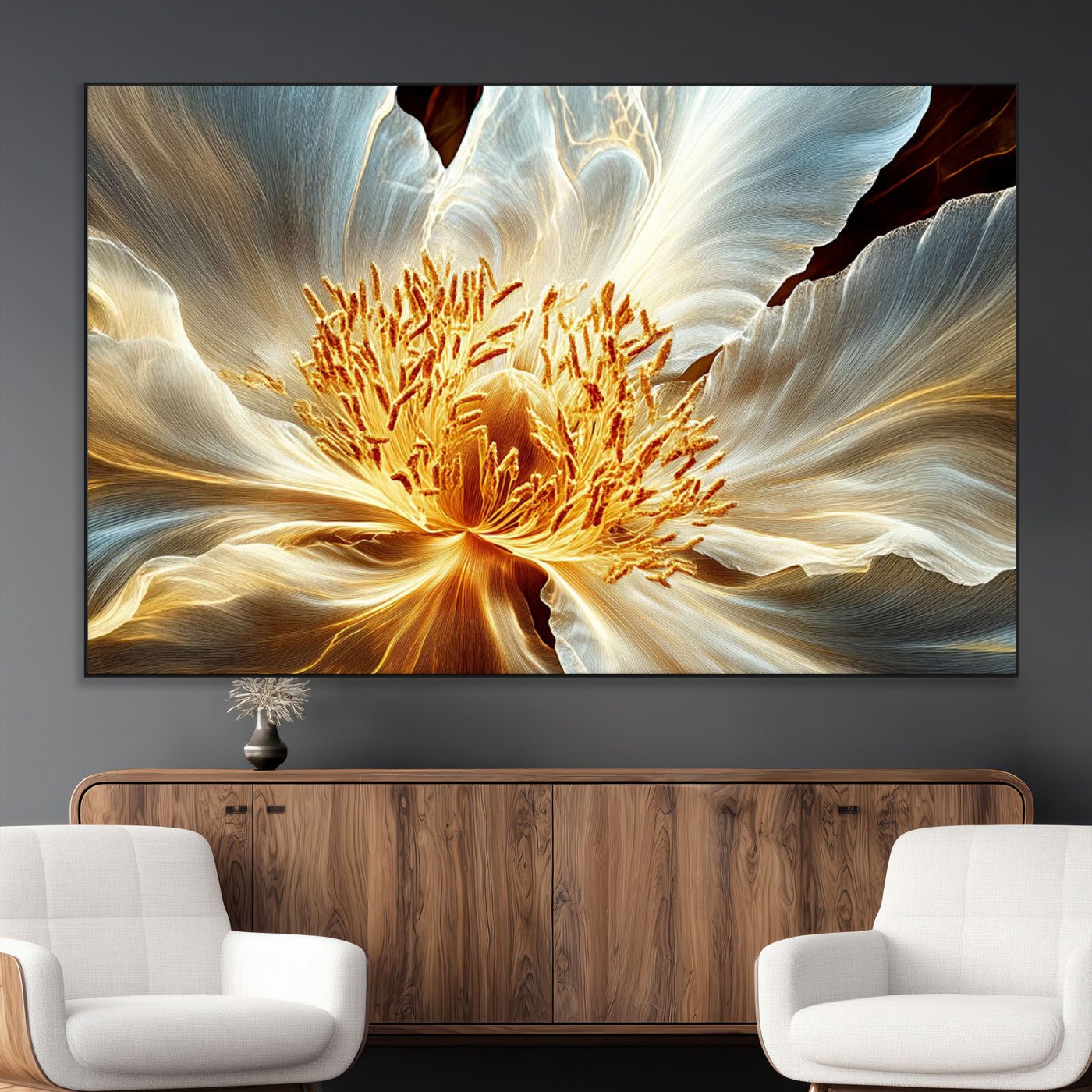20862576-MGV-CV-36X24-Golden Abstract Flower Canvas Wall Art – Modern Botanical Bloom Print, Elegant Floral Artwork for Living Room, Bedroom, Office