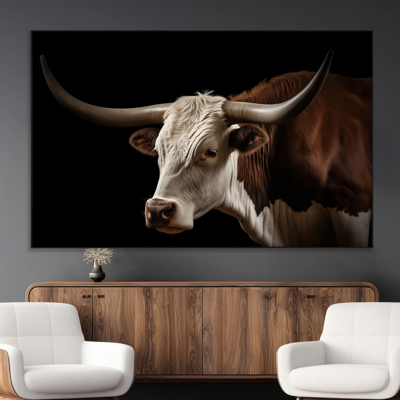 27414857-MGV-CV-36X24-Texas Longhorn Bull Canvas Wall Art – Rustic Western Farmhouse Decor, Brown & White Cow Portrait, Animal Print for Ranch Home