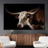 27414857-MGV-CV-36X24-Texas Longhorn Bull Canvas Wall Art – Rustic Western Farmhouse Decor, Brown & White Cow Portrait, Animal Print for Ranch Home