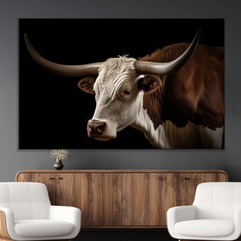 27414857-MGV-CV-36X24-Texas Longhorn Bull Canvas Wall Art – Rustic Western Farmhouse Decor, Brown & White Cow Portrait, Animal Print for Ranch Home