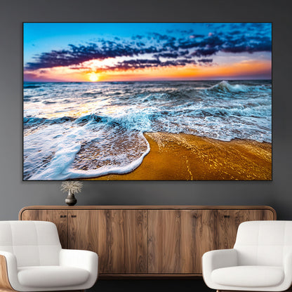 24077769-MGV-CV-36X24-Sunset Beach Wall Art – Ocean Waves Canvas Print, Golden Shoreline Photography Coastal Decor for Living Room, Bedroom, Office,