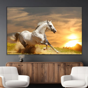 67478480-MGV-CV-36X24-White Horse Running at Sunset Wall Art – Majestic Equestrian Photography Print, Rustic Farmhouse Decor, Golden Sky Horse Lover