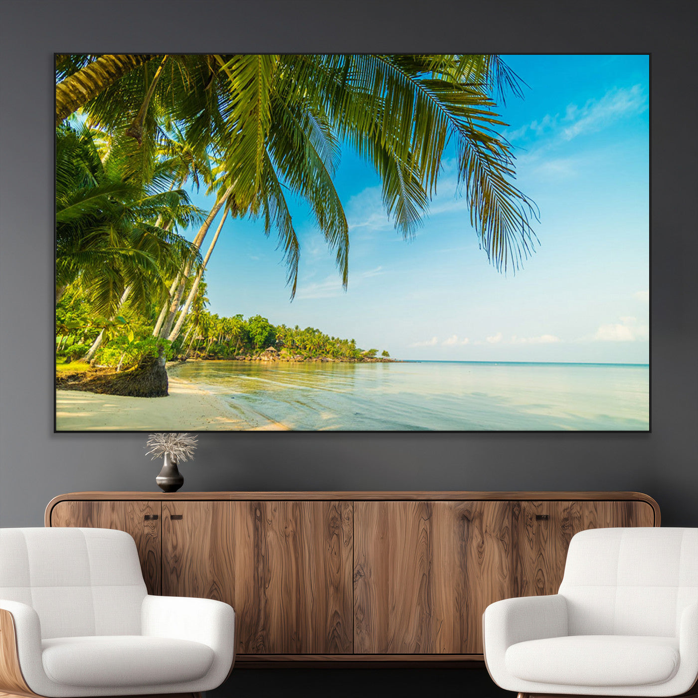 65056721-MGV-CV-36X24-Tropical Beach Wall Art – Palm Tree Coastal Photography Print, Relaxing Ocean Paradise Landscape, Island Seascape Home or Office