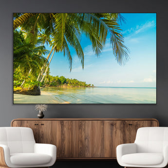 65056721-MGV-CV-36X24-Tropical Beach Wall Art – Palm Tree Coastal Photography Print, Relaxing Ocean Paradise Landscape, Island Seascape Home or Office