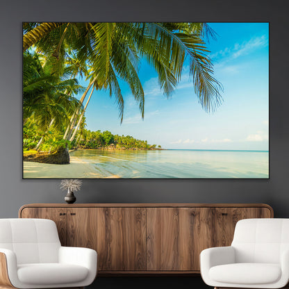 65056721-MGV-CV-36X24-Tropical Beach Wall Art – Palm Tree Coastal Photography Print, Relaxing Ocean Paradise Landscape, Island Seascape Home or Office