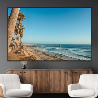92568259-MGV-CV-36X24-California Beach Wall Art – Palm Tree Pier Canvas Print, Coastal Ocean Photography Seaside Decor for Living Room, Bedroom, Office,