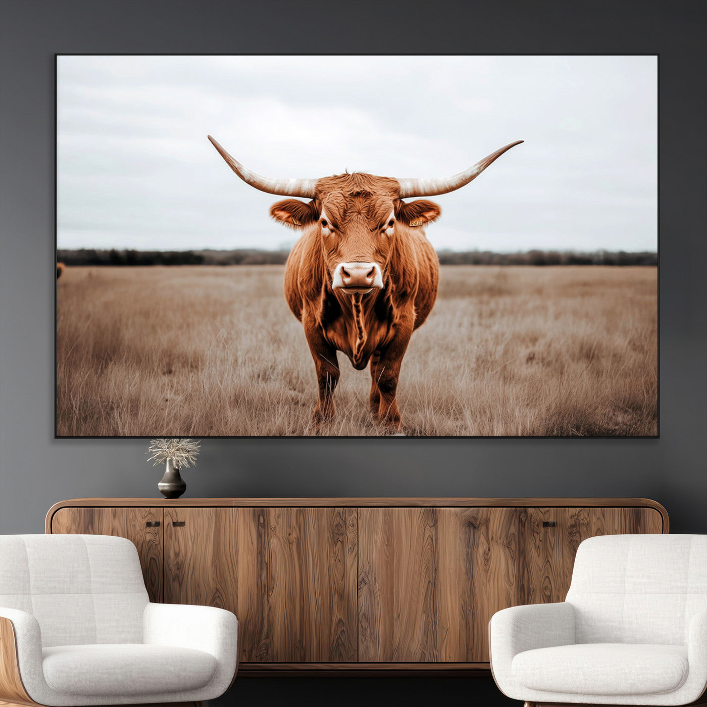 16316734-MGV-CV-36X24-Texas Longhorn Wall Art – Rustic Bull Portrait Canvas Print, Western Farmhouse Animal Photography Decor for Living Room, Office,