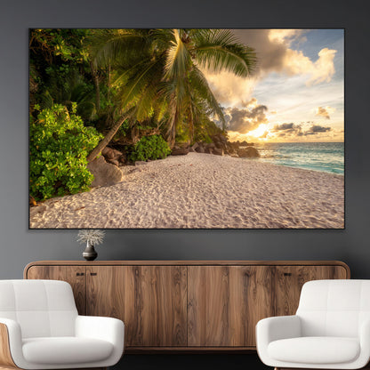 89531159-MGV-CV-36X24-Tropical Beach Sunset Canvas Wall Art – Palm Trees Golden Sand Ocean Waves Coastal Paradise Print for Beach House Bedroom Bathroom