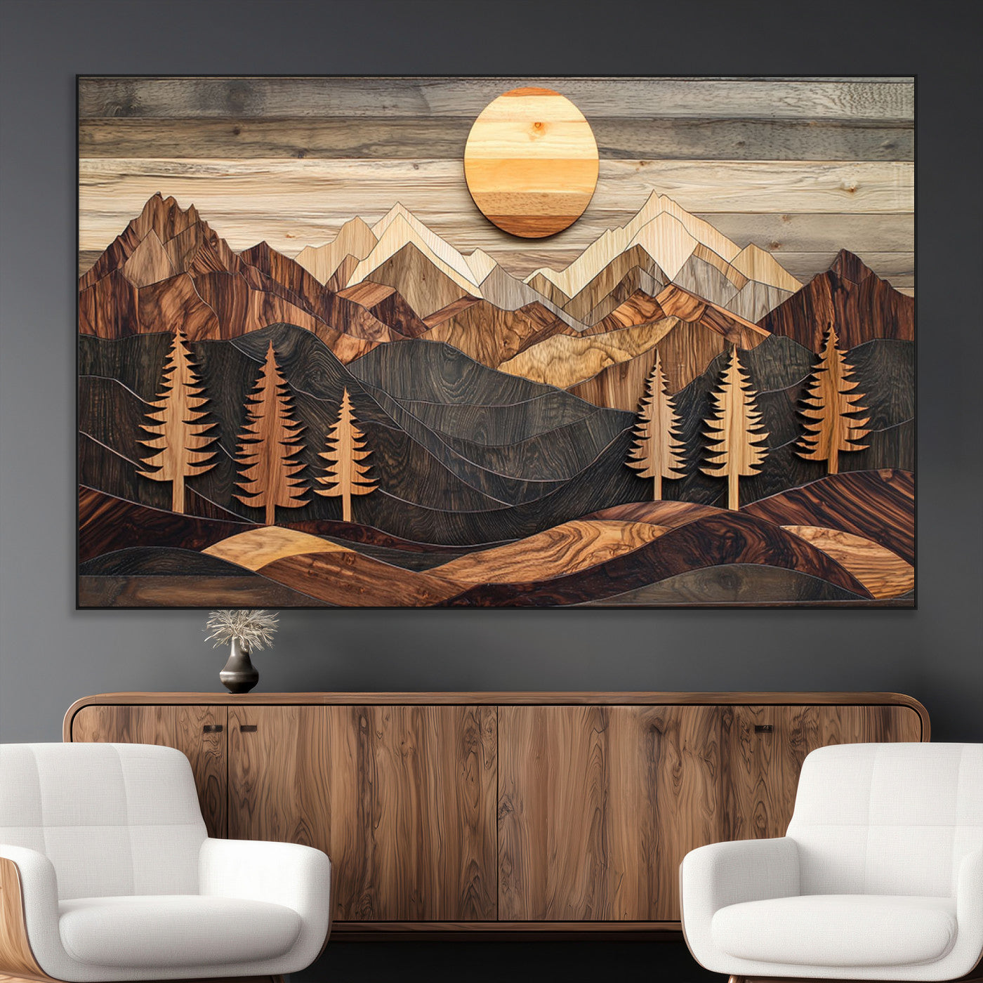 90044381-MGV-CV-36X24-Rustic Wall Art – Wooden Mountain Landscape with Sun and Pine Trees, Handcrafted Nature Canvas Style Decor for Bedroom, Living