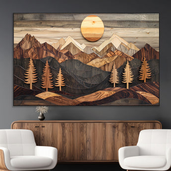90044381-MGV-CV-36X24-Rustic Wall Art – Wooden Mountain Landscape with Sun and Pine Trees, Handcrafted Nature Canvas Style Decor for Bedroom, Living