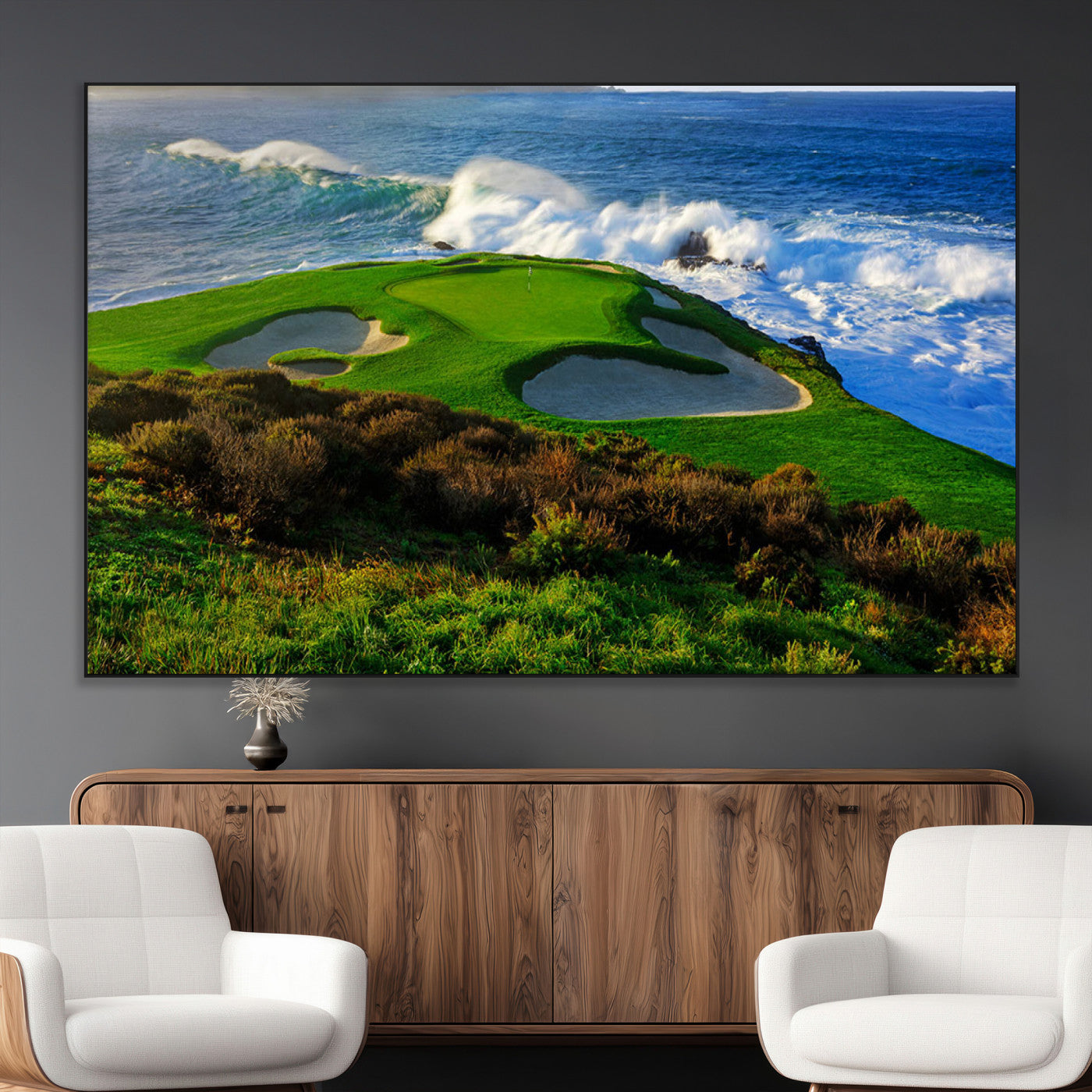 13644055-MGV-CV-36X24-Golf Wall Art – Oceanfront Green Canvas Print, Scenic Coastal Course Photography Decor for Bedroom, Living Room, Office, Sports