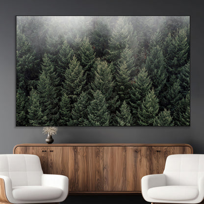 84059409-MGV-CV-36X24-Forest Wall Art – Misty Evergreen Trees Canvas Print, Tranquil Nature Photography Decor for Bedroom, Living Room, Office, Cabin or