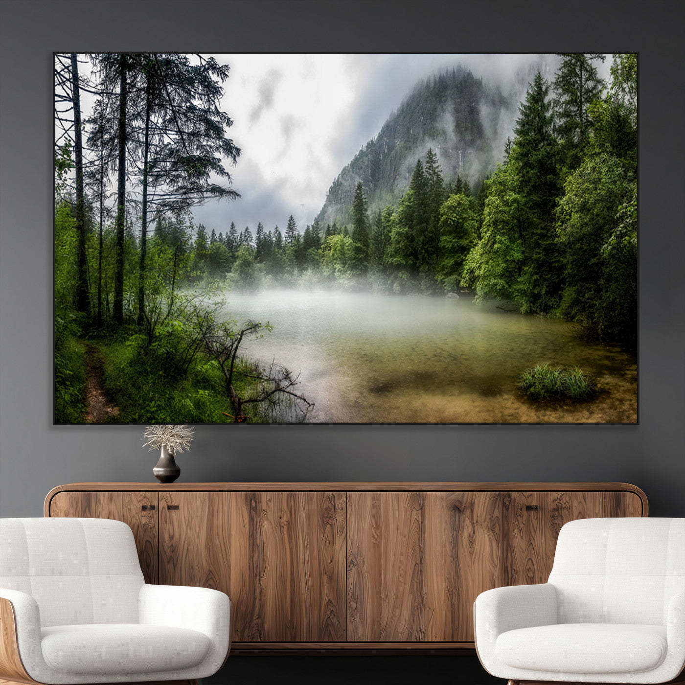 93123937-MGV-CV-36X24-Landscape Wall Art – Misty Mountain Lake Canvas Print, Tranquil Forest and Waterfall Photography Decor for Bedroom, Living Room,