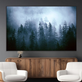 93439624-MGV-CV-36X24-Forest Wall Art – Misty Pine Trees Canvas Print, Moody Nature Photography Decor for Bedroom, Living Room, Office, Cabin, Lodge or