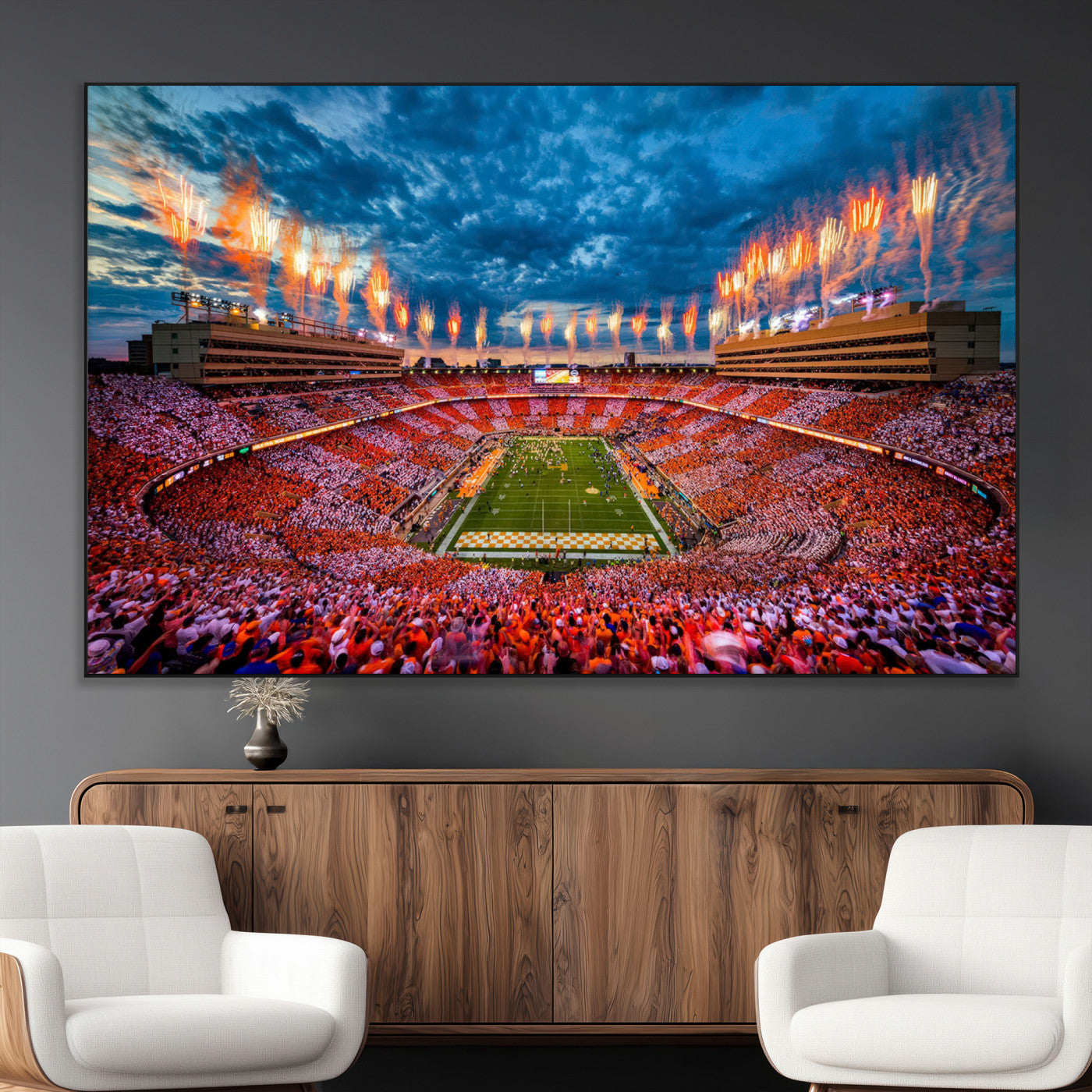 94266219-MGV-CV-36X24-Neyland Stadium Wall Art – Tennessee Volunteers Checkerboard Game Day Canvas Print, College Football Fireworks Decor for Man Cave