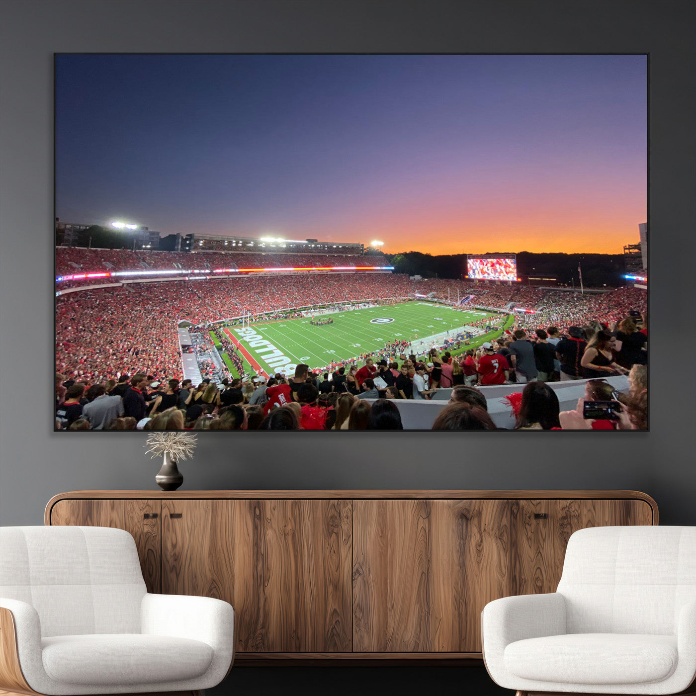 25139565-MGV-CV-36X24-Sanford Stadium Wall Art – Panoramic Georgia Bulldogs Sunset Football Game Canvas Print, Red Crowd Sports Decor for Office, Man
