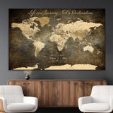 13394308-MGV-CV-36X24-Personalized World Map Wall Art – Dark Rustic Vintage Adventure Travel Map with Custom Couple Names, Timeless Wall Decor for Home
