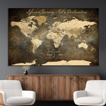 13394308-MGV-CV-36X24-Personalized World Map Wall Art – Dark Rustic Vintage Adventure Travel Map with Custom Couple Names, Timeless Wall Decor for Home