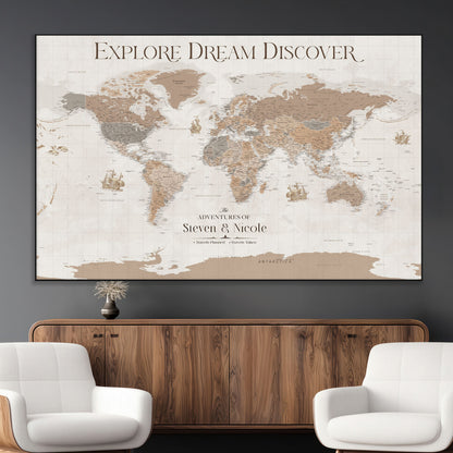 56148717-MGV-CV-36X24-Personalized World Map Wall Art – Neutral Beige & Brown Vintage Adventure Travel Map with Custom Couple Names, Classic Wall Decor