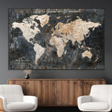 55548943-MGV-CV-36X24-Personalized World Map Wall Art – Rustic Wood Texture Adventure Travel Map with Custom Couple Names, Vintage Dark Wall Decor for