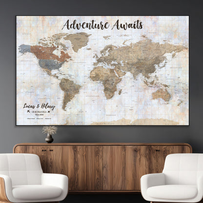 30792405-MGV-CV-36X24-Personalized World Map Wall Art – Rustic Beige Adventure Travel Map with Custom Couple Names, Vintage Wall Decor for Home or
