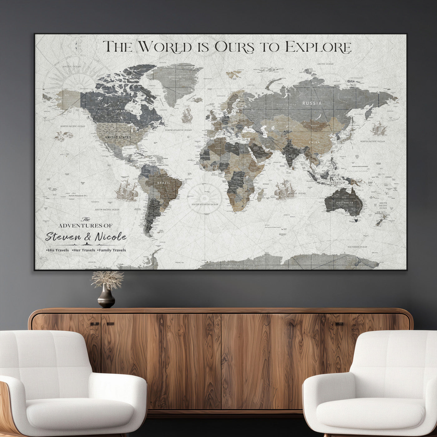 97082026-MGV-CV-36X24-Personalized World Map Wall Art – Vintage Gray Adventure Travel Map with Custom Couple or Family Names, Rustic Wall Decor for Home