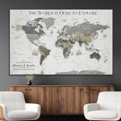 97082026-MGV-CV-36X24-Personalized World Map Wall Art – Vintage Gray Adventure Travel Map with Custom Couple or Family Names, Rustic Wall Decor for Home