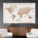 43869621-MGV-CV-36X24-Personalized World Map Wall Art – Light Beige Sepia Adventure Travel Map with Custom Family or Couple Names, Rustic Wall Decor for