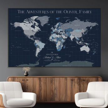 76726424-SEG-FC-51X34_Oversize_Oversize-Personalized World Map Wall Art – Navy Blue & Grey Adventure Travel Map with Custom Family or Couple Names, Modern Wall Decor for