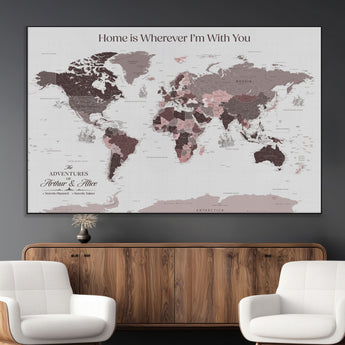 33204797-MGV-CV-36X24-Personalized World Map Wall Art – Burgundy & Grey Adventure Travel Map with Custom Names, Romantic Wall Decor for Couples, Home or