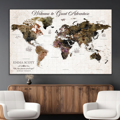 33631532-MGV-CV-36X24-Personalized World Map Wall Art – Dark Vintage Adventure Travel Map with Custom Names, Rustic Wall Decor for Couples, Home or