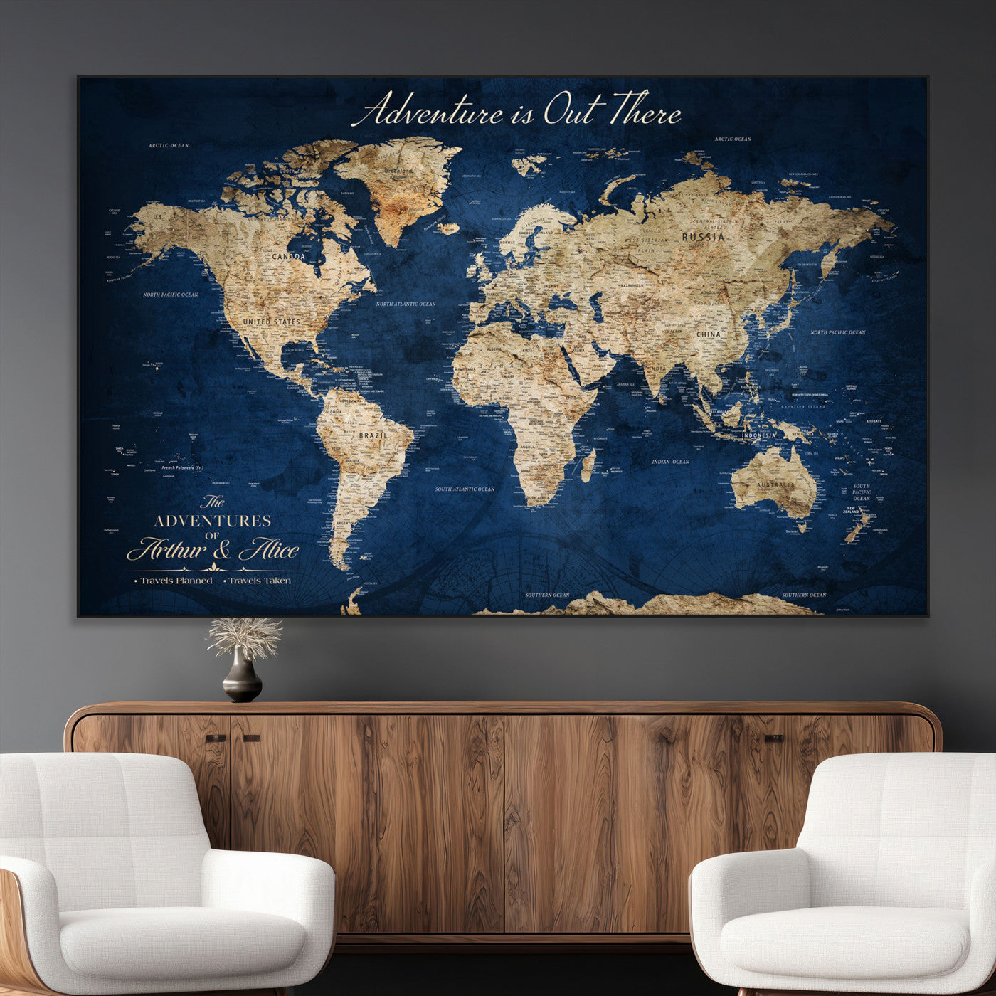 71052542-MGV-CV-36X24-Personalized World Map Wall Art – Rustic Navy Blue Adventure Travel Map with Custom Couple Names, Vintage Wall Decor for Home or