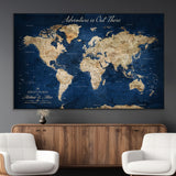 71052542-MGV-CV-36X24-Personalized World Map Wall Art – Rustic Navy Blue Adventure Travel Map with Custom Couple Names, Vintage Wall Decor for Home or