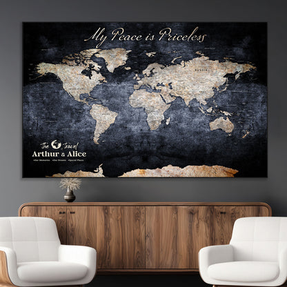 85403043-MGV-CV-36X24-Personalized World Map Wall Art – Dark Blue Rustic Adventure Map with Custom Couple Names, Vintage Wall Decor for Home or Travel