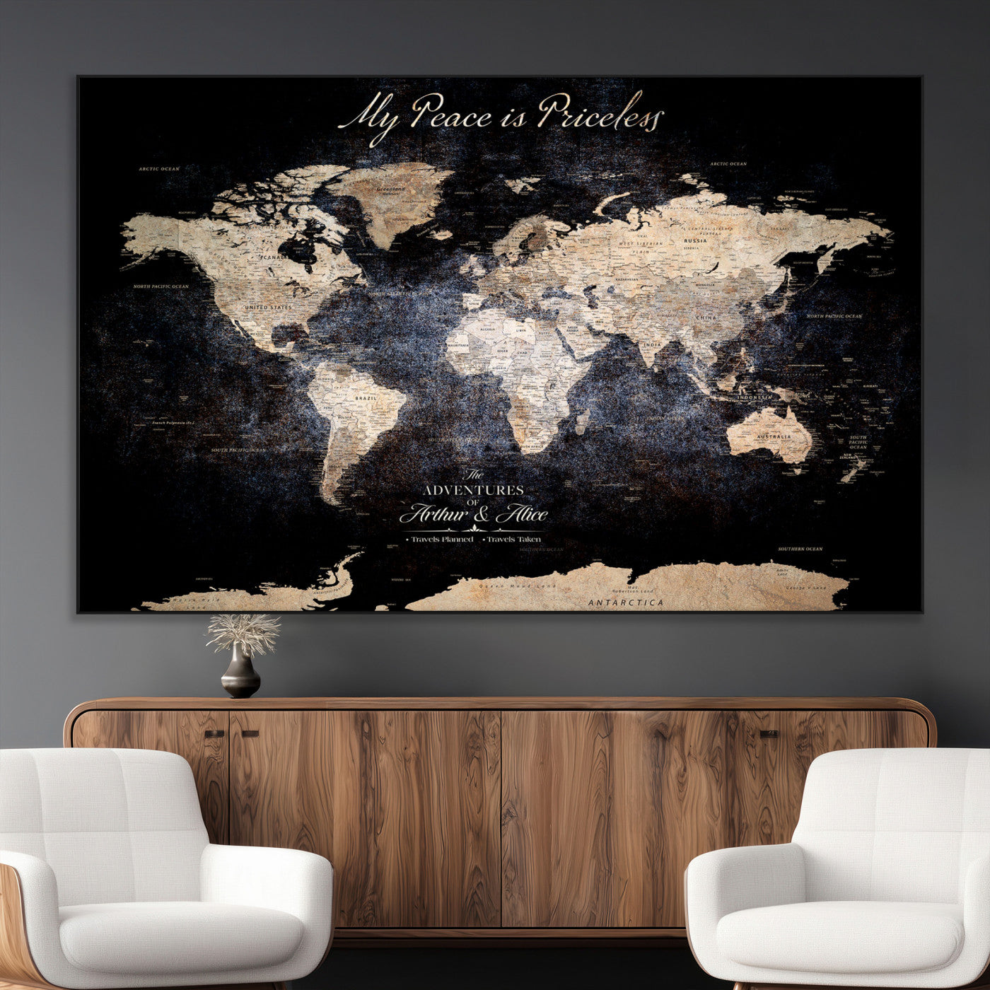 51488142-MGV-CV-36X24-Personalized World Map Wall Art – Dark Rustic Adventure Travel Map with Custom Names, Vintage Wall Decor for Couples, Families or