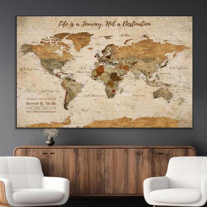 75179116-MGV-CV-36X24-Personalized World Map Wall Art – Rustic Vintage Travel Map with Custom Names, Inspirational Adventure Décor for Couples, Families