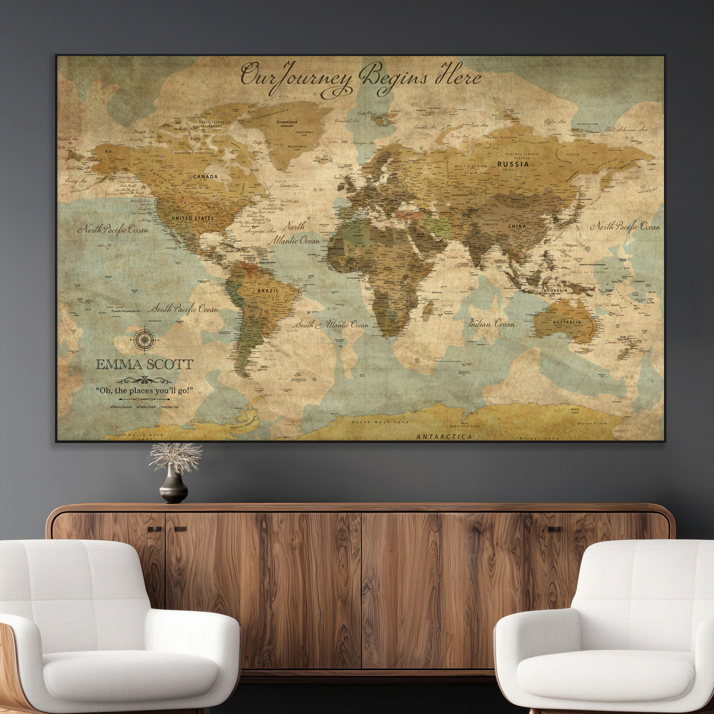 54795344-MGV-CV-36X24-Personalized World Map Wall Art – Vintage Adventure Travel Map with Custom Names, Rustic Wall Décor for Couples, Families