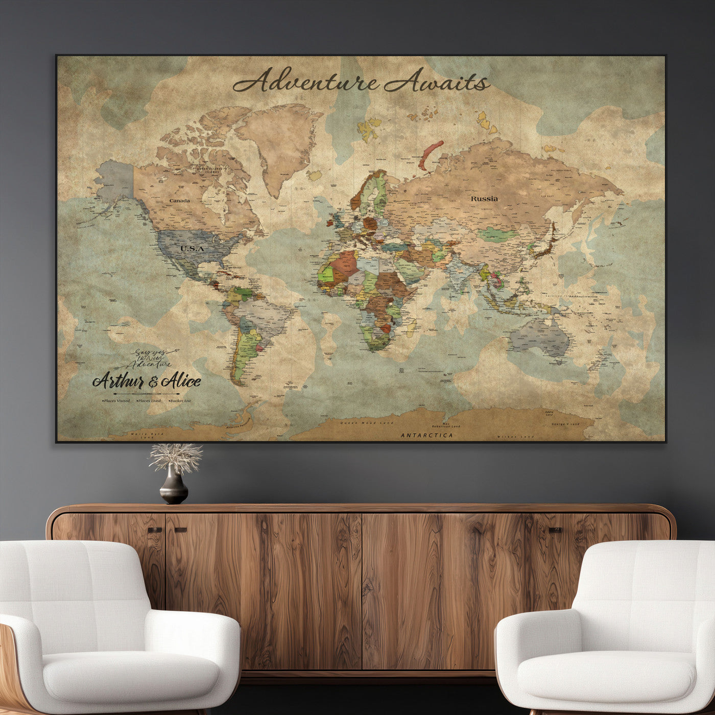 62500285-MGV-CV-36X24-Personalized World Map Wall Art – Rustic Watercolor Adventure Awaits Travel Map with Custom Couple Names, Vintage Wall Decor for