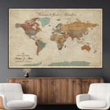 43497401-MGV-CV-36X24-Personalized World Map Wall Art – Vintage Rustic Adventure Travel Map with Custom Couple Names, Welcome to Great Adventure Wall