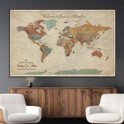 43497401-MGV-CV-36X24-Personalized World Map Wall Art – Vintage Rustic Adventure Travel Map with Custom Couple Names, Welcome to Great Adventure Wall