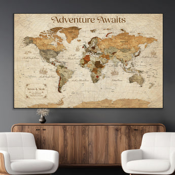 18685073-MGV-CV-36X24-Personalized World Map Wall Art – Antique Vintage Parchment Adventure Awaits Travel Map with Custom Couple Names, Rustic Wall