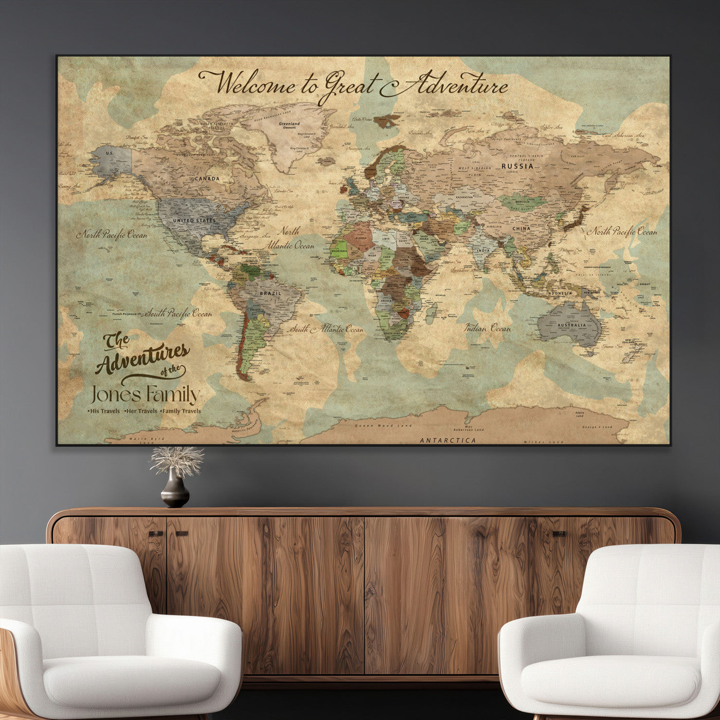 32019746-MGV-CV-36X24-Personalized World Map Wall Art – Vintage Camo Adventure Travel Map with Custom Family Names, Rustic Wall Decor for Couples, Home